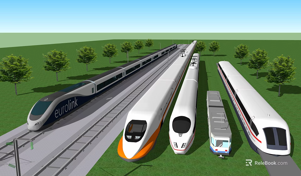 High Speed Trains Including Eurolink Model On Rail Tracks With Green Grass And Trees 3d model 