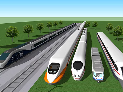 High Speed Trains Including Eurolink Model On Rail Tracks With Green Grass And Trees 3d model