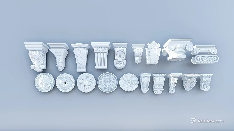 Various Classical Column Capitals With Ornate Designs And Intricate Carving Details 3d model 