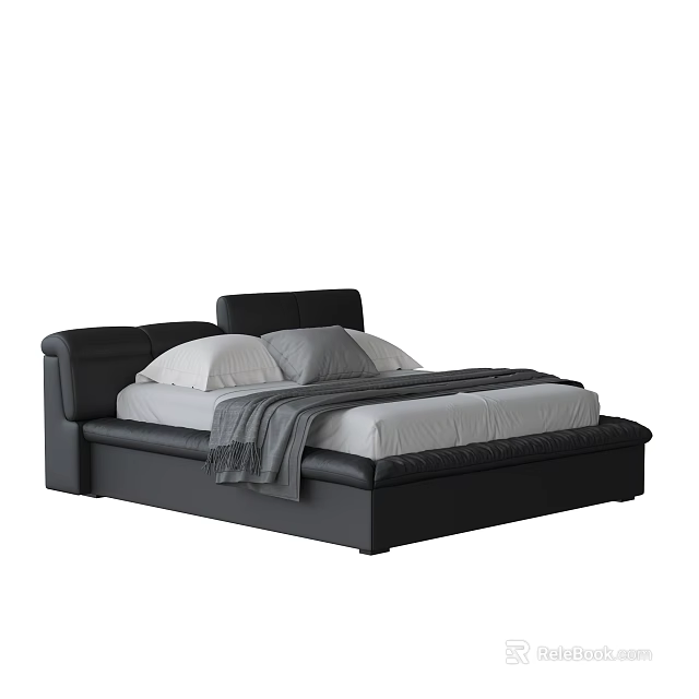 Modern Black Double Bed Frame With White Pillows And Gray Blanket 3d model