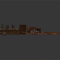 Rusty Vintage Steam Train With Flatbed Car And Metal Structure 3d model