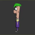 3D Cartoon Game Movie Character with Green Hair Big Eyes Yellow Shirt Purple Pants