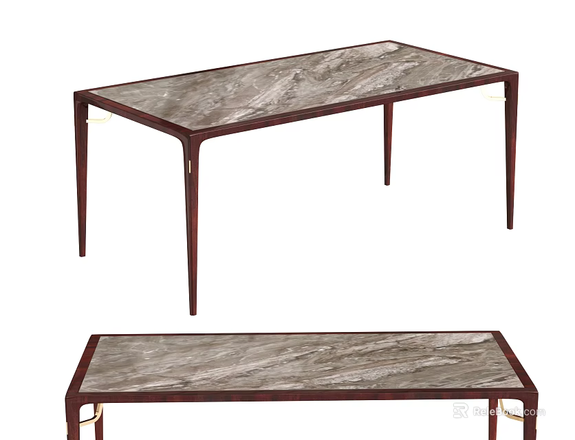 Elegant Dining Table With Marble Top And Wooden Legs With Metal Accents 3d model 
