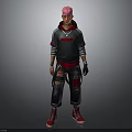 Man With Pink Hair Wearing Gray Hoodie Red Accented Black Ripped Pants Red Shoes Gloves