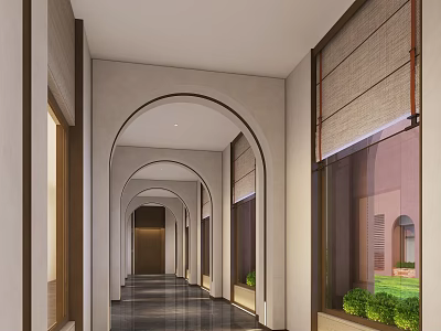 Elegant Elevator Hallway With Arched Design Windows Blinds Dark Floor And Green Plants 3d model