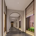Elegant Elevator Hallway With Arched Design Windows Blinds Dark Floor And Green Plants 3d model