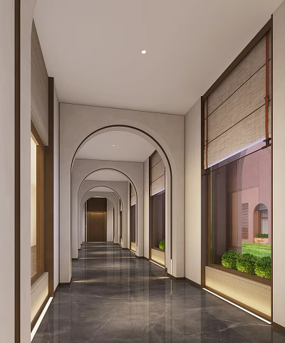 Elegant Elevator Hallway With Arched Design Windows Blinds Dark Floor And Green Plants 3d model