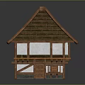 Cartoon Scene Of Traditional Wooden House With Sloped Roof Two Story Structure And White Walls