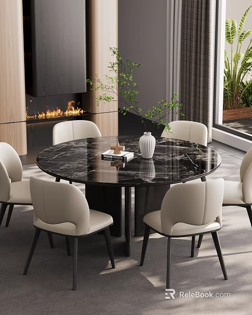 Modern Restaurant Interior With Round Black Marble Dining Table White Chairs Vase Plant And Fireplace 3d model 