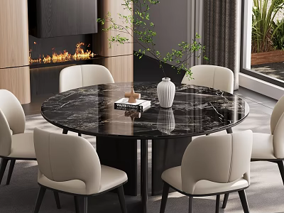 Modern Restaurant Interior With Round Black Marble Dining Table White Chairs Vase Plant And Fireplace 3d model