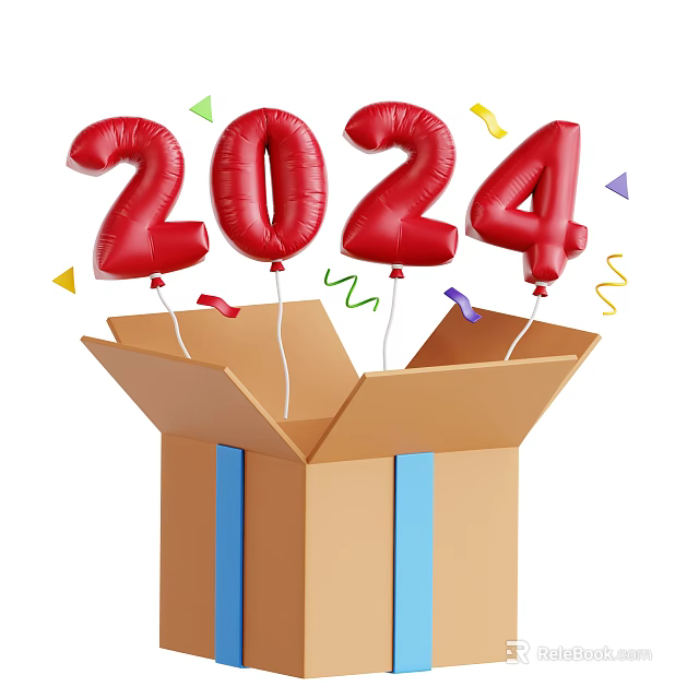 Decorative Ornament Set With 2024 Red Balloons Emerging From Cardboard Box And Colorful Streamers 3d model 