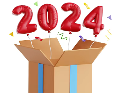Decorative Ornament Set With 2024 Red Balloons Emerging From Cardboard Box And Colorful Streamers 3d model