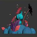Adorable Blue Character Sitting On Blue Platform With Pink Flowers And Glowing Particles