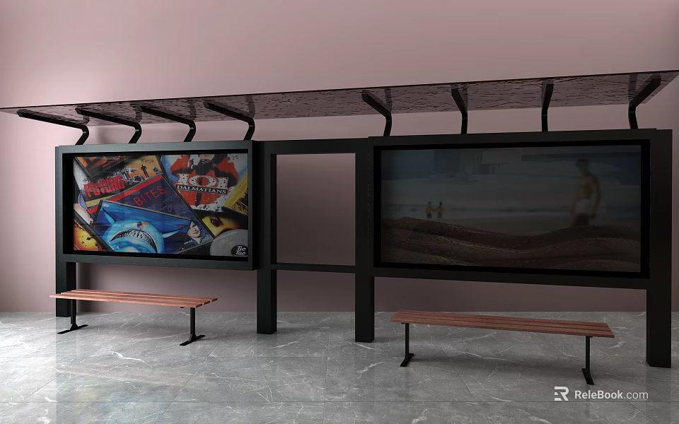 Modern Bus Station With Wooden Benches Colorful Graffiti Billboards And Beach Scene Shelter 3d model 