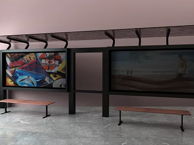 Modern Bus Station With Wooden Benches Colorful Graffiti Billboards And Beach Scene Shelter 3d model