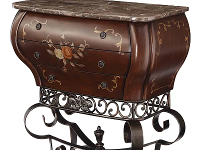 Wooden Console Table With Drawers And Ornate Carvings On Metal Scroll Base 3d model