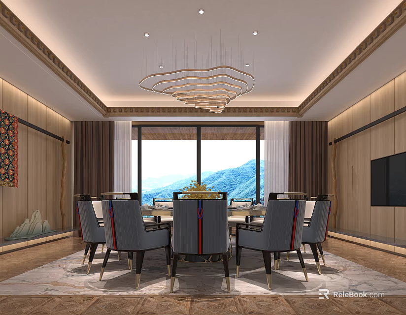Elegant Private Room Interior Featuring Dining Table Chairs Chandelier And Mountain View 3d model
