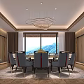 Elegant Private Room Interior Featuring Dining Table Chairs Chandelier And Mountain View 3d model