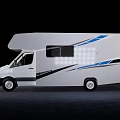 Modern White Motorhome Exterior With Blue Black Decorative Stripes And Windows