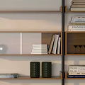 Modern Storage Shelf Unit With Multiple Shelves Wooden Drawers And Decorative Ornaments