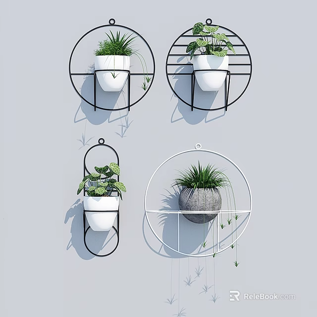 Stylish Decorative Ornament Set with Hanging Metal Frame Planters and Green Plants for Wall Decoration 3d model 