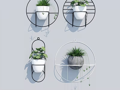 Stylish Decorative Ornament Set with Hanging Metal Frame Planters and Green Plants for Wall Decoration 3d model