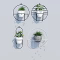 Stylish Decorative Ornament Set with Hanging Metal Frame Planters and Green Plants for Wall Decoration