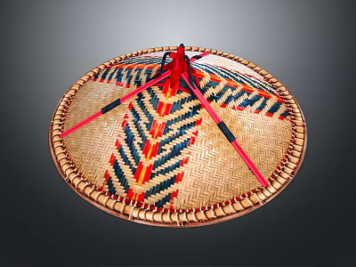 Traditional Handwoven Bamboo Hat With Circular Shape Colorful Striped Pattern Red Straps And Woven Texture 3d model