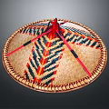 Traditional Handwoven Bamboo Hat With Circular Shape Colorful Striped Pattern Red Straps And Woven Texture