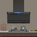 Modern Kitchen Interior With Black Range Hood Gas Stove And Cooking Tools