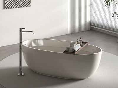 Modern White Freestanding Bathtub In Bathroom Interior With Silver Faucet Tray With Towels And Toiletries 3d model
