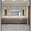 Public Restroom with Wooden Stalls Light Colored Walls Gray Marble Floor and Recessed Ceiling Lights
