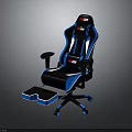 Ergonomic Black And Blue Gaming Chair With Red Logo Extendable Footrest And Rolling Wheels