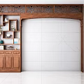Traditional Wooden Buddhist Shrine Cabinet With Carved Top Golden Statues And Fruit Plates