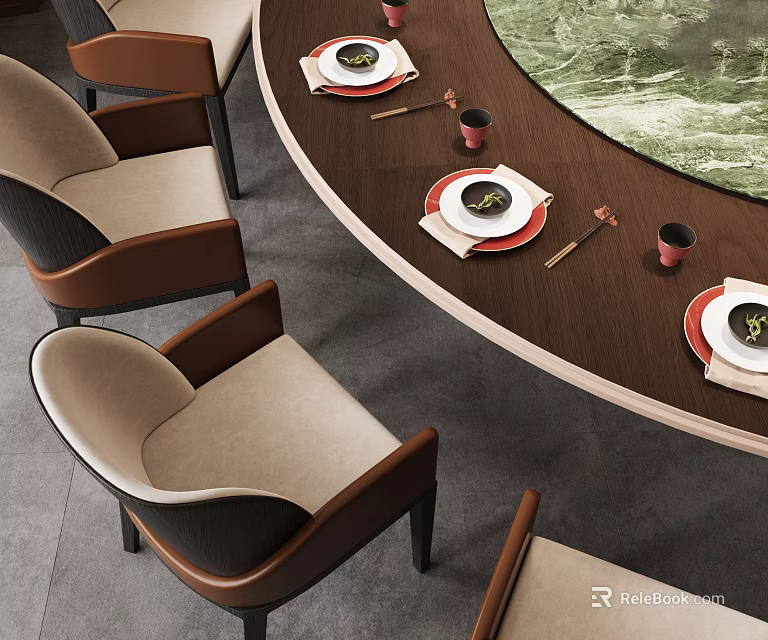 Elegant Tableware Set on Round Wooden Dining Table with Beige Brown Chairs and Plates 3d model 
