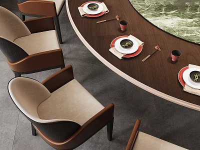 Elegant Tableware Set on Round Wooden Dining Table with Beige Brown Chairs and Plates 3d model