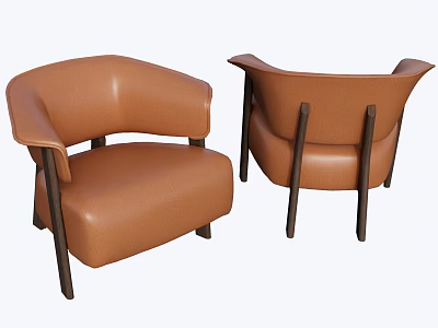 Brown Leather Single Sofa With Curved Armrest And Dark Wooden Legs 3d model