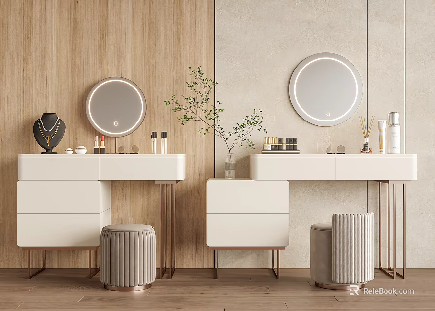 Modern White Dressing Tables With Round Mirrors Stools And Skincare Decor On Wooden Beige Walls 3d model 