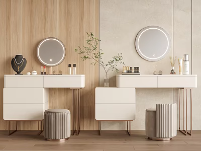 Modern White Dressing Tables With Round Mirrors Stools And Skincare Decor On Wooden Beige Walls 3d model