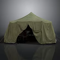Green Camping Tent With Table And Chairs Grey Background Floor Reflection Design 3d model