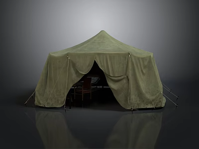Green Camping Tent With Table And Chairs Grey Background Floor Reflection Design 3d model