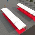 Red Framed White Roof Tents in Urban Setting with Red Carpets and Pedestrians