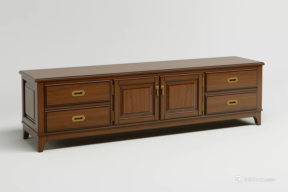 Solid Wood Brown TV Stand with Drawers Cabinet Doors and Brass Handles 3d model 