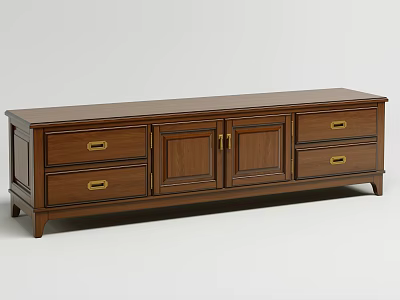 Solid Wood Brown TV Stand with Drawers Cabinet Doors and Brass Handles 3d model