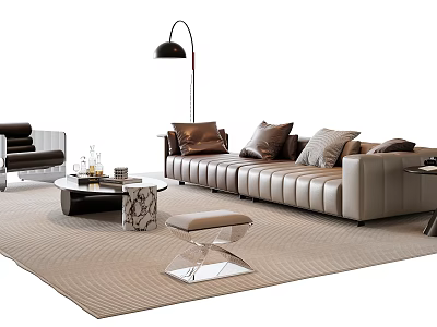 Modern Leather Sofa And Coffee Table Set With Marble Top Multiple Cushions And Floor Lamp 3d model