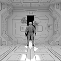 Cartoon Scene Of Astronaut In Futuristic Space Capsule With Blue Red Lights