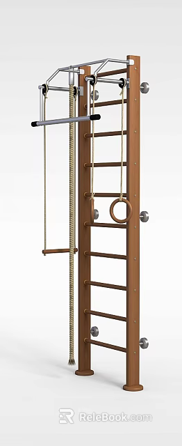 Wooden Storage Cabinet with Ladder Structure Hanging Ropes and Gym Rings 3d model 