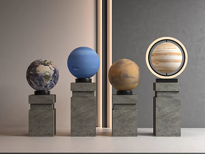 Outdoor Lamps Designed As Planet Models On Marble Pedestals With Gray Background 3d model