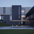 Modern Detached Villa Exterior With Large Glass Windows Swimming Pool And Lawn Area