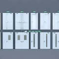 Various White Doors With Emergency Exit Signs And Different Panel Designs 3d model